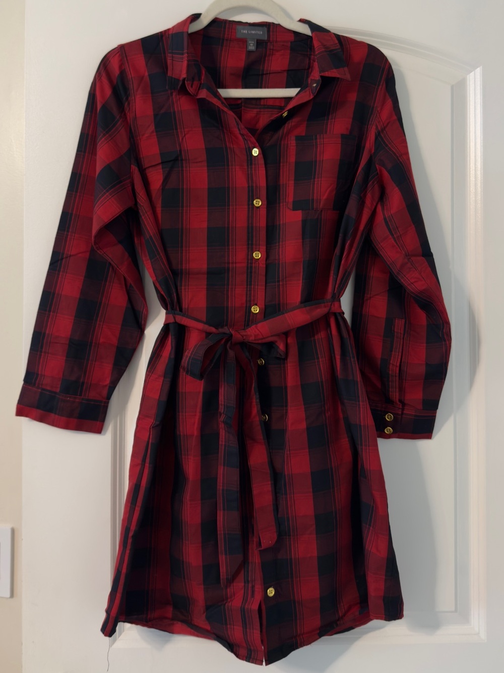 The Limited Red & Black Plaid Button-Front Shirt Dress with Waist Tie